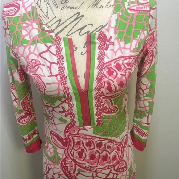 Pink and Green Turtle Print Dress XS - Picture 2 of 5